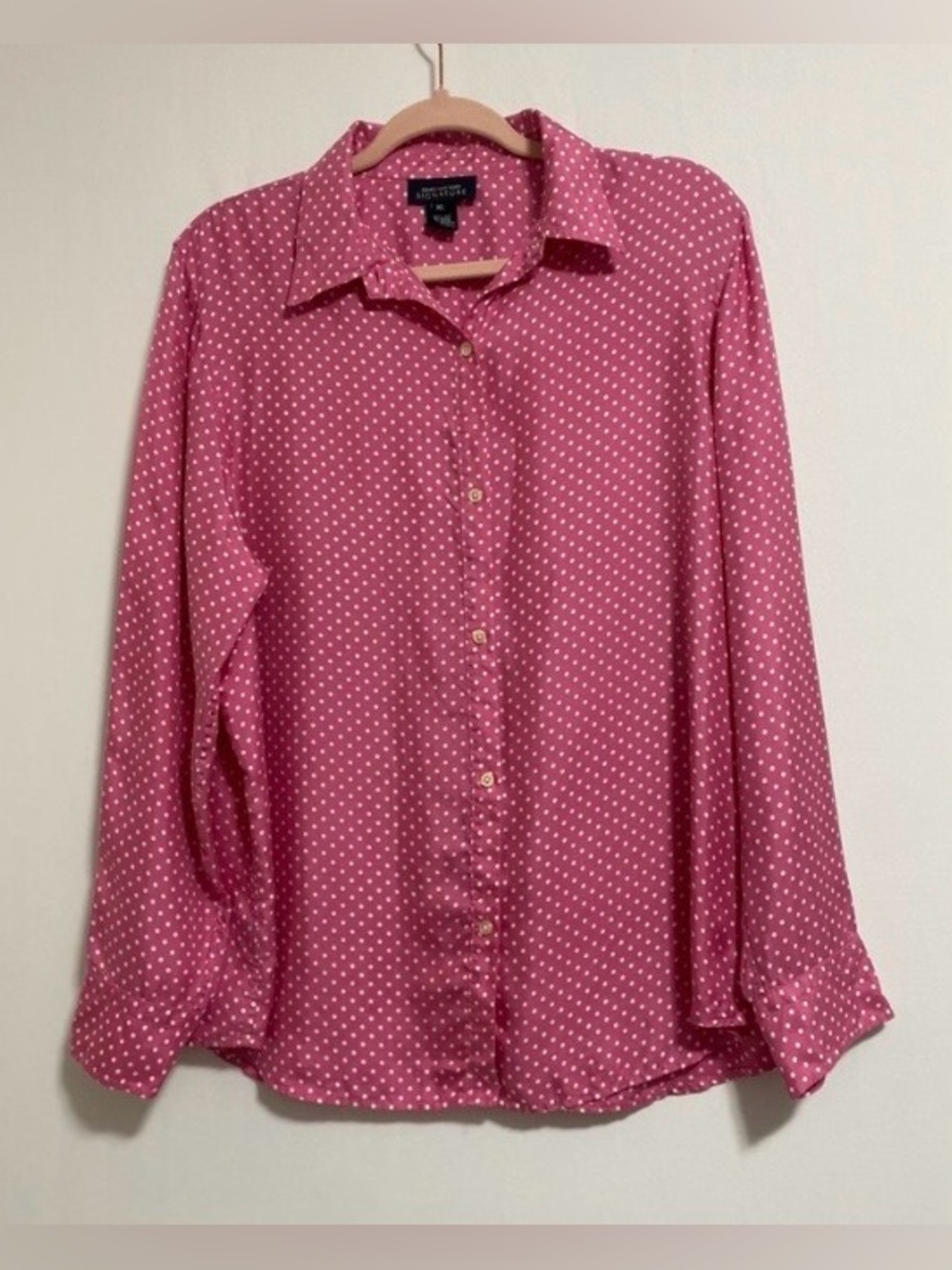 Jones New York Pink 100% Silk Shirt with White Dots